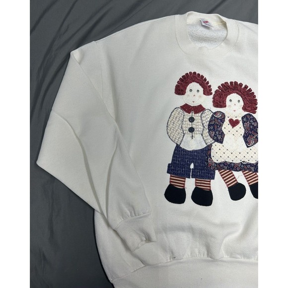 Vintage Raggedy Ann & Andy White Jerzees USA Made Crewneck Sweater Size Large - Picture 2 of 8